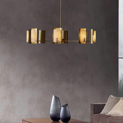 Valencia Alabaster Chandelier featuring natural alabaster panels and brass detailing, a luxury modern pendant light for dining rooms and contemporary interiors.