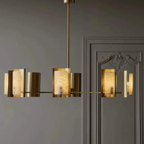 Valencia Alabaster Chandelier featuring natural alabaster panels and brass detailing, a luxury modern pendant light for dining rooms and contemporary interiors.