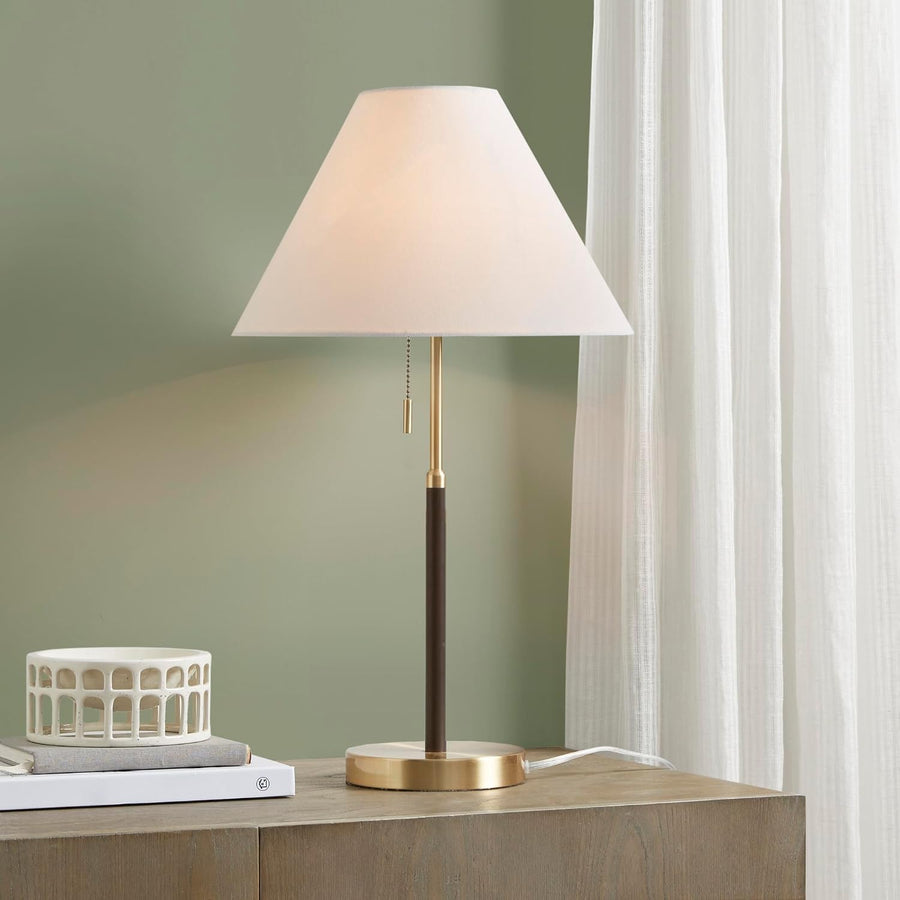 Vela gold and black table lamp with white fabric shade