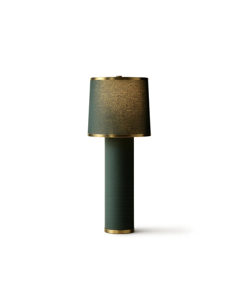 Green and gold modern table lamp with cylindrical base