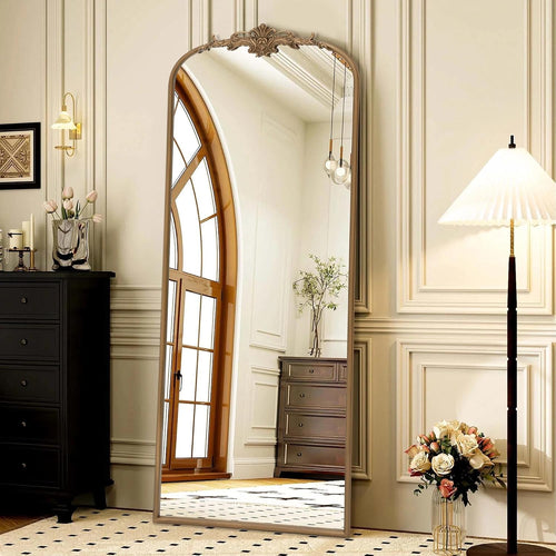 Victoria gold arch full length mirror with decorative crest frame