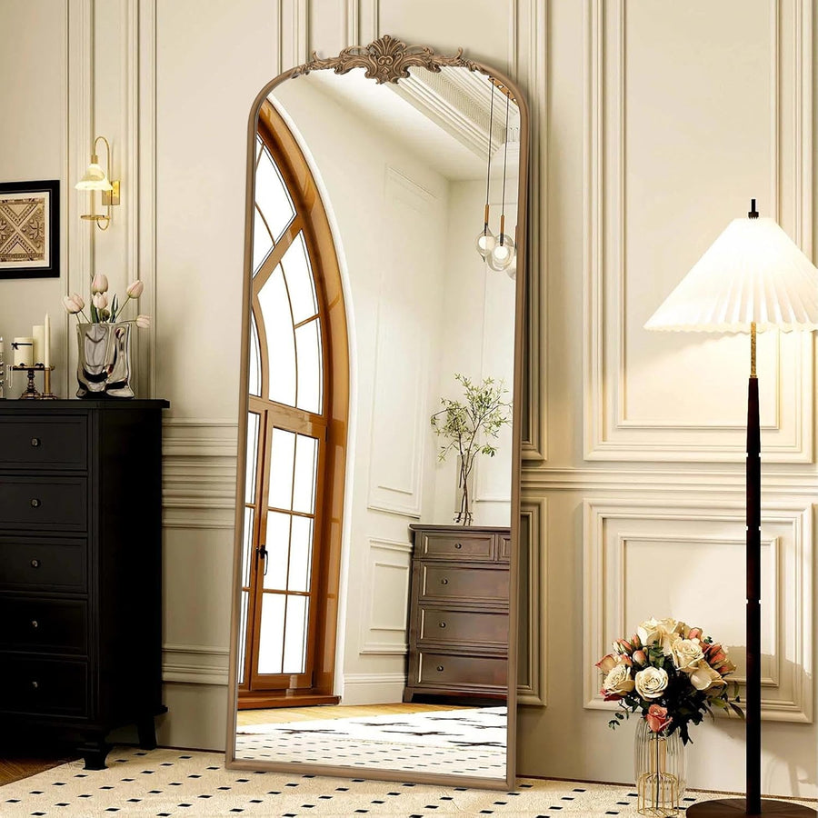Victoria gold arch full length mirror with decorative crest frame