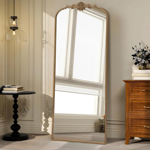 Victoria gold arch full length mirror with decorative crest frame