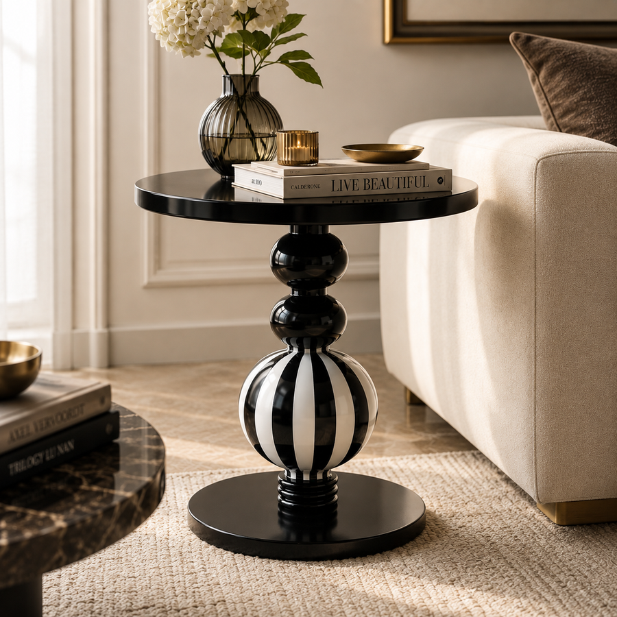 Bellagio black and white striped pedestal side table in a modern living room