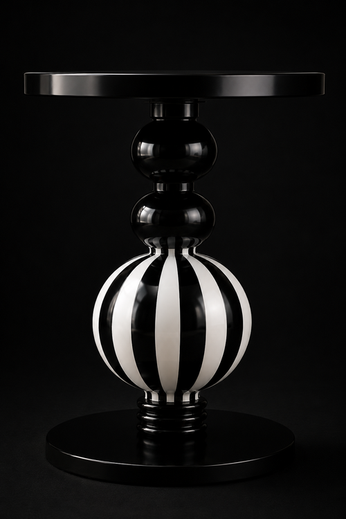 Bellagio black and white striped pedestal side table in a modern living room