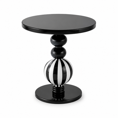Bellagio black and white striped pedestal side table in a modern living room