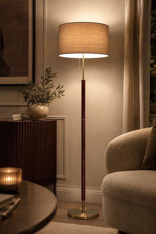 Lewis walnut and antique brass floor lamp with fabric shade