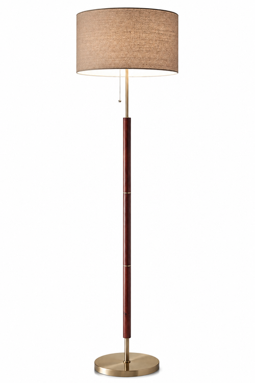 Lewis walnut and antique brass floor lamp with fabric shade