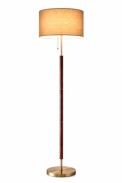 Lewis walnut and antique brass floor lamp with fabric shade