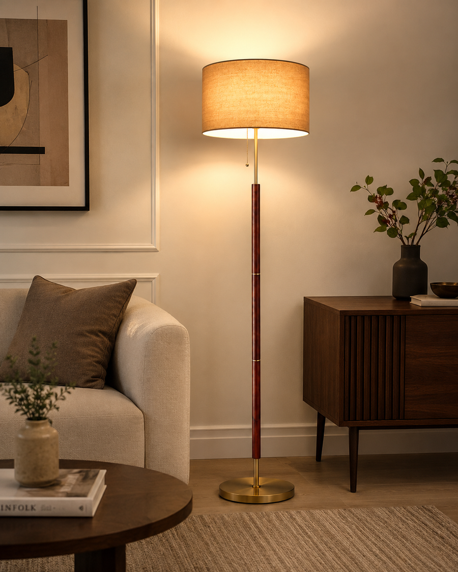 Lewis walnut and antique brass floor lamp with fabric shade