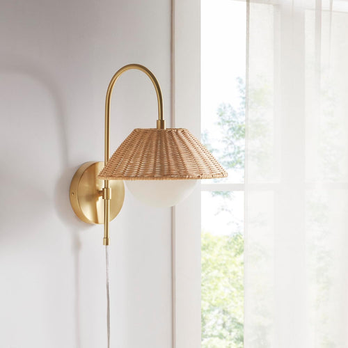 Maris gold wall lamp with natural woven rattan shade