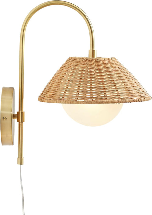 Maris gold wall lamp with natural woven rattan shade