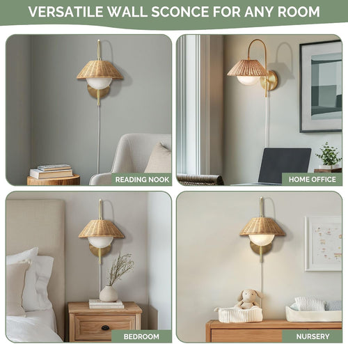 Maris gold wall lamp with natural woven rattan shade