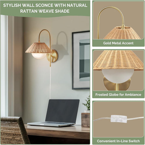 Maris gold wall lamp with natural woven rattan shade
